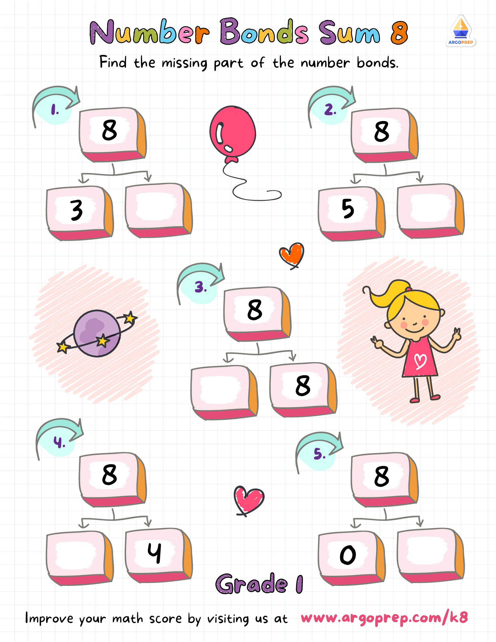 Number Bonds Sums with 8: Grade 1 Addition Worksheets - ArgoPrep