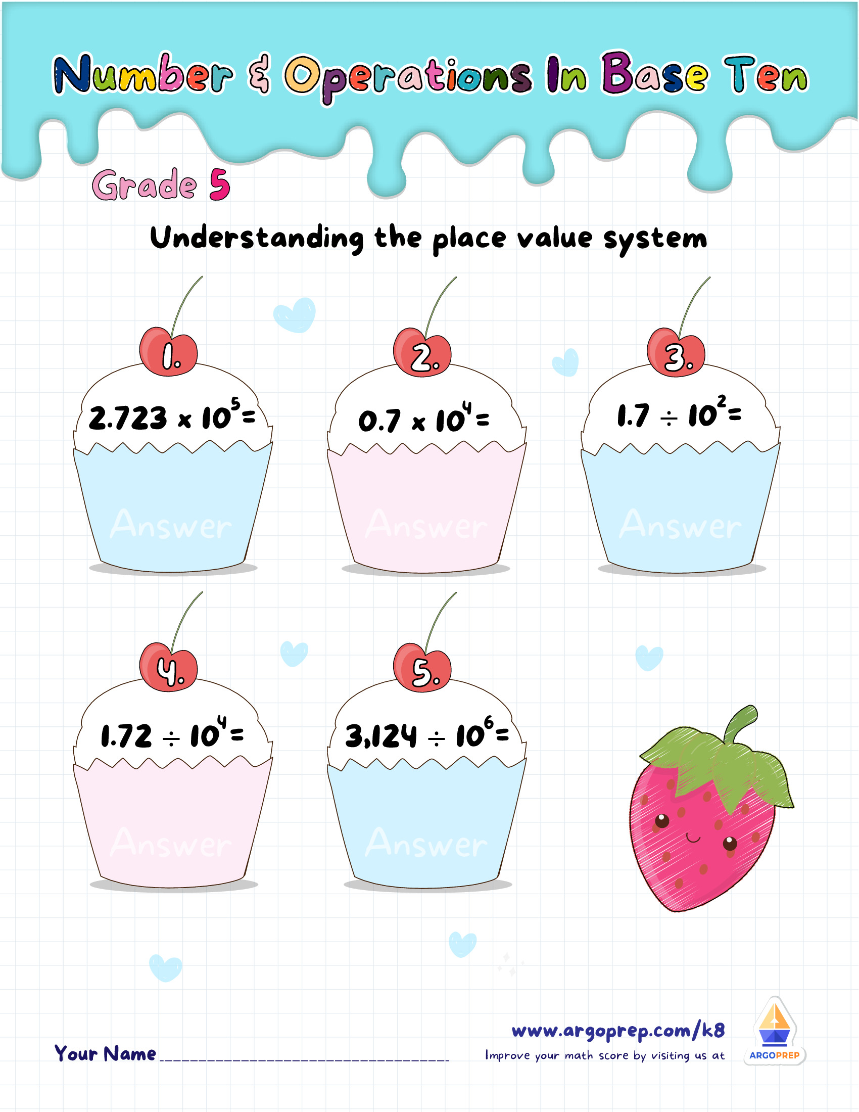 5th grade Multiplying by powers of 10 Place Value Worksheets For Free -  ArgoPrep, image size:1700x2200